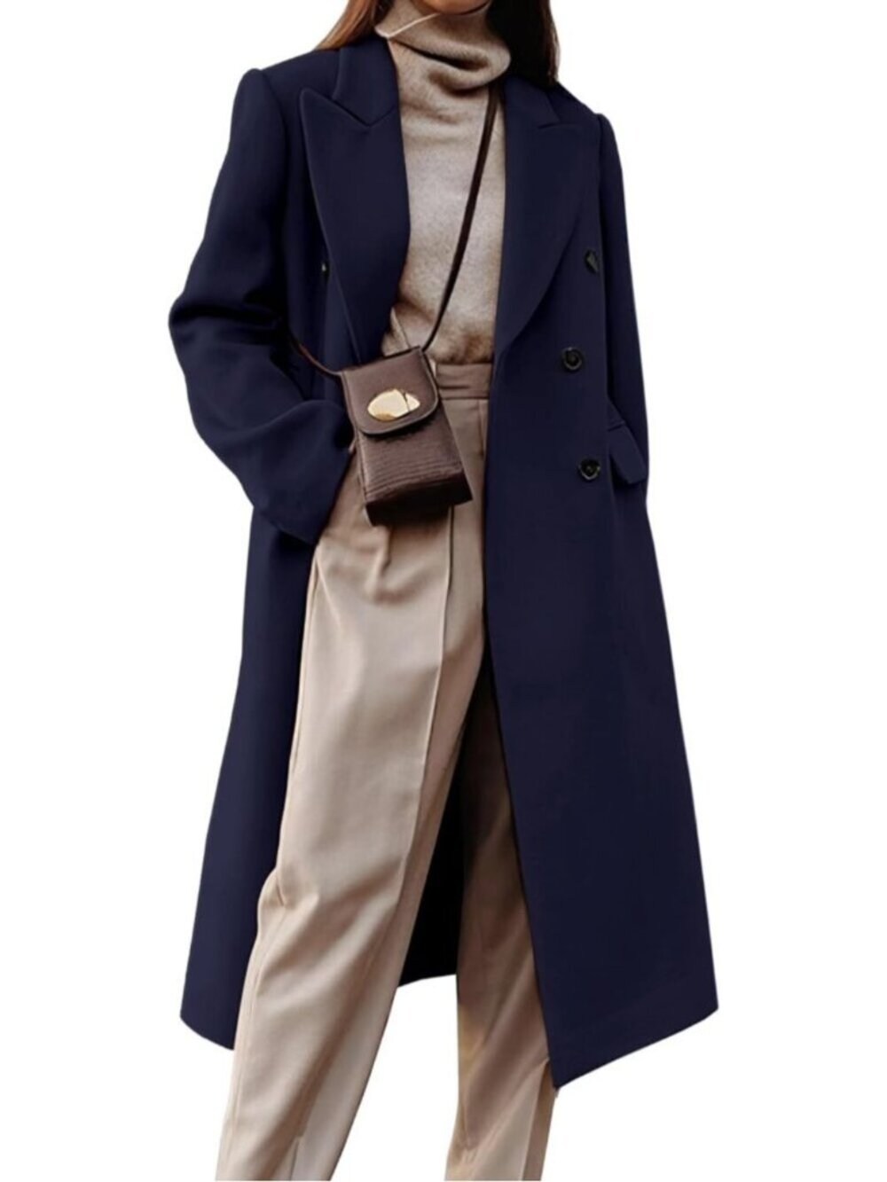 Women's Navy Wool Blend Long Warm Lapel Double Breasted Winter Trench Peacoat